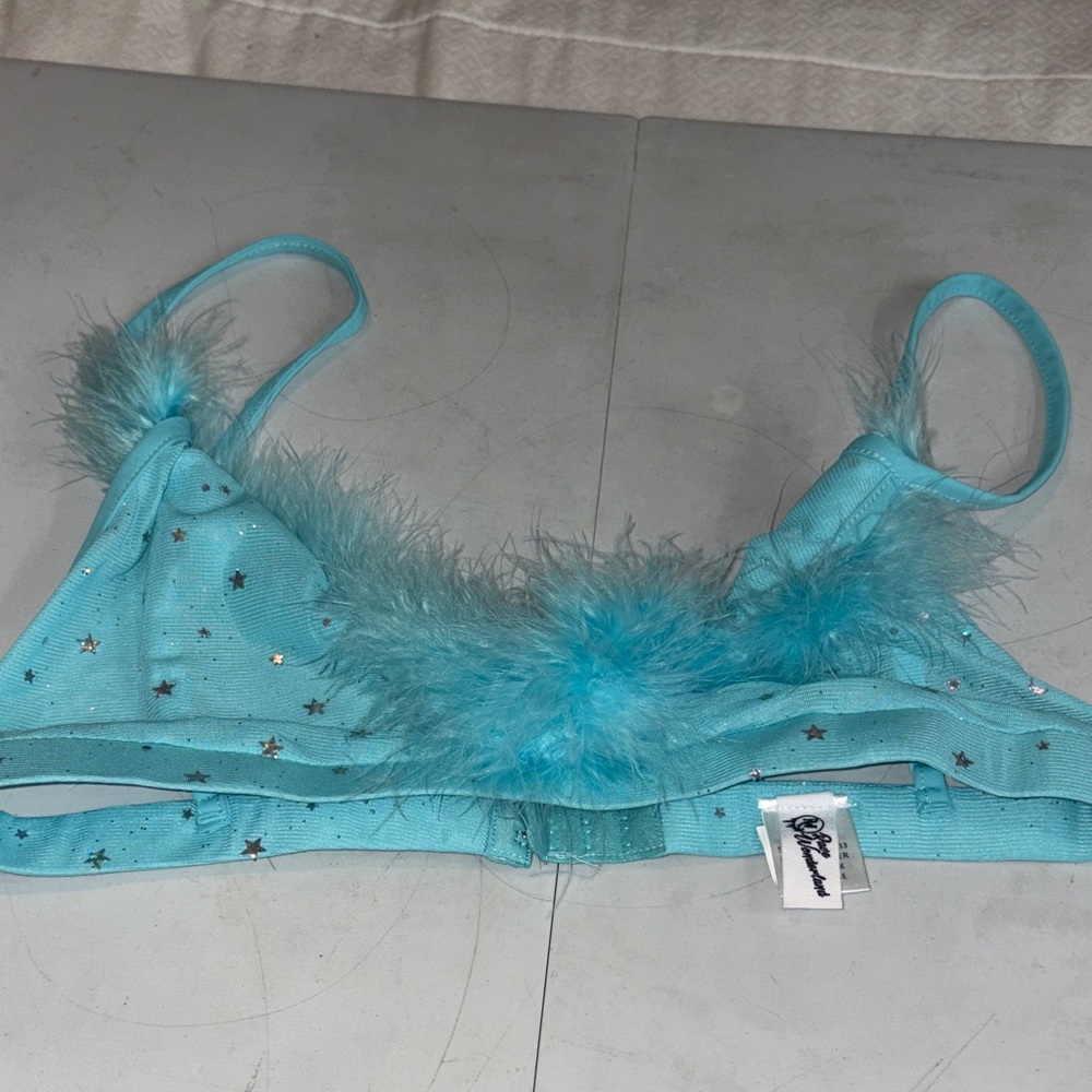 #54 Blue Star-Patterned Bralette with Fur Trim